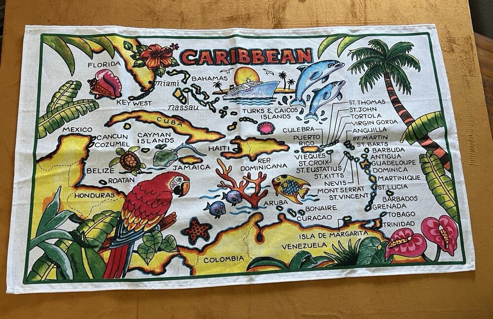Caribbean Map Souvenir Tea Towel 100% Cotton Tropical Islands Parrot Dolphins